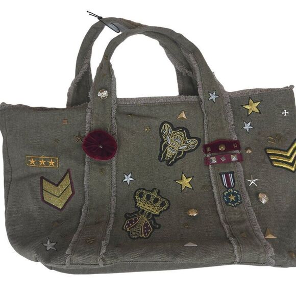 Steve Madden Canvas Military Inspired Tote Bag Patches Green New - Picture 1 of 7